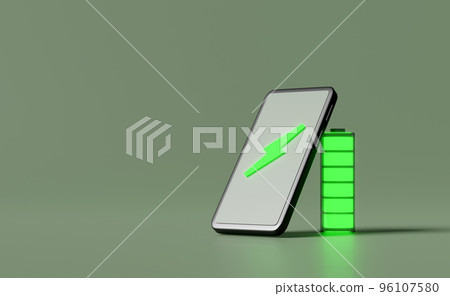 Smartphone or mobile phone charging with battery charge indicator isolated on green background.charging battery technology concept,3d illustration,3d render 96107580