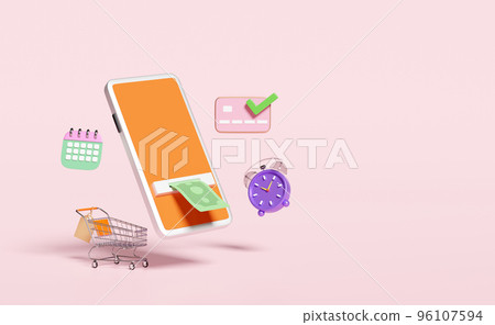 mobile phone,smartphone with banknote,check mark,credit card,shopping cart,calendar,clock isolated on pink background.withdrawal cash with atm machine transaction concept,3d illustration,3d render mobile phone,smartphone with banknote,check mark,credit card,shopping cart,calendar,clock isolated on pink background.withdrawal cash with atm machine transaction concept,3d illustration,3d render 96107594