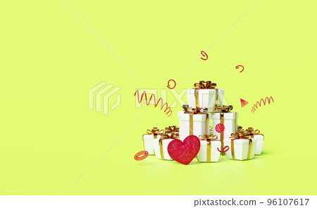 white gift box with golden bow,red wireframe heart icons isolated on green background.christmas and new year day,valentine's day concept,minimal abstract,3d illustration or 3d render 96107617