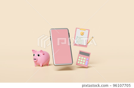 mobile phone,pink smartphone with piggy bank and check list clipboard,pencil,calculator,check mark isolated on beige background.concept 3d illustration or 3d render mobile phone,pink smartphone with piggy bank and check list clipboard,pencil,calculator,check mark isolated on beige background.concept 3d illustration or 3d render 96107705
