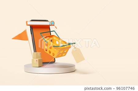 mobile phone,orange smartphone with search bar,magnifying,shopping basket,flag,price tags isolated on beige background.online shopping concept,3d illustration or 3d render mobile phone,orange smartphone with search bar,magnifying,shopping basket,flag,price tags isolated on beige background.online shopping concept,3d illustration or 3d render 96107746