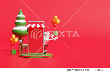 mobile phone or smartphone and podium with store front, Santa claus, christmas tree, reindeer isolated on red background. online shopping, website, banner, festive new year, 3d illustration, 3d render 96107798