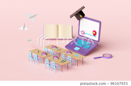 purple laptop computer with play bar,hat graduation,paper plane,student desk,chair isolated on pink background.room online innovative education,e-learning concept,3d illustration or 3d render 96107855
