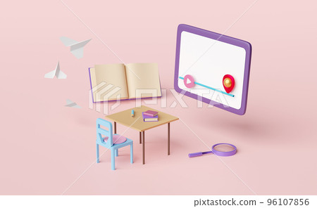 purple laptop or tablet computer with play bar,paper plane,student desk,chair,magnifying isolated on pink background.room online innovative education,e-learning concept,3d illustration or 3d render 96107856