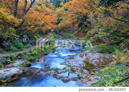 A river flowing through the autumn leaves valley of Ginzan Onsen A river flowing through the autumn leaves valley of Ginzan Onsen 96108493