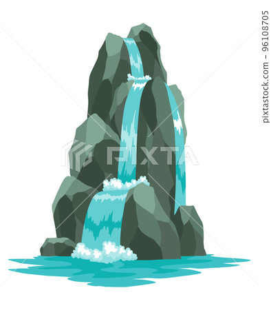 Cartoon river cascade waterfall. Landscape with mountains and trees. Design element for travel brochure or illustration mobile game. Fresh natural water Cartoon river cascade waterfall. Landscape with mountains and trees. Design element for travel brochure or illustration mobile game. Fresh natural water 96108705