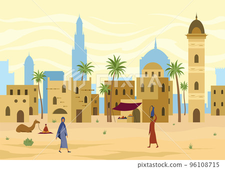 Middle east. Arabic desert landscape with traditional mud brick houses and people. Ancient building on background. Bedouin with camel, man with jug on head. Flat vector illustration Middle east. Arabic desert landscape with traditional mud brick houses and people. Ancient building on background. Bedouin with camel, man with jug on head. Flat vector illustration 96108715