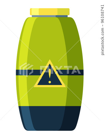 Toxic chemical barrel. Steel tank with dangerous waste. Container with attention icon in flat style. Dangerous substance. Storage of components 96108741
