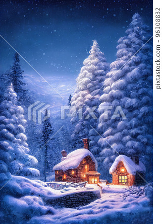 Christmas night a small cottage on top of a snowy mountain 96108832
