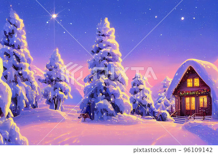 Beautiful winter house and christmas tree on the mountain 96109142