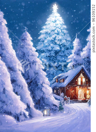 Beautiful winter house and christmas tree on the mountain Beautiful winter house and christmas tree on the mountain 96109152
