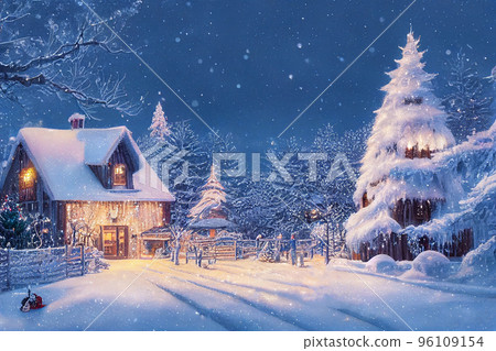 Beautiful winter house and christmas tree on the mountain 96109154