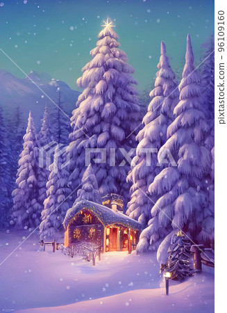 Beautiful winter house and christmas tree on the mountain Beautiful winter house and christmas tree on the mountain 96109160