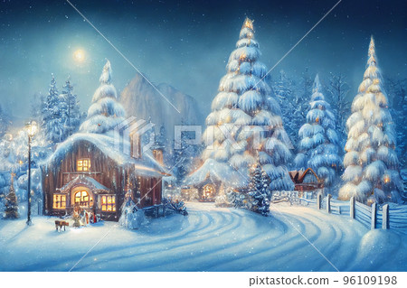 Beautiful winter house and christmas tree on the mountain Beautiful winter house and christmas tree on the mountain 96109198