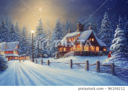 Beautiful winter house and christmas tree on the mountain 96109212