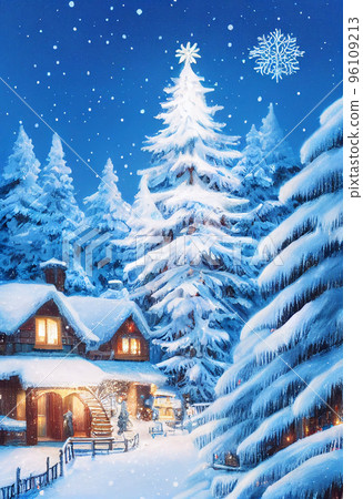 Beautiful winter house and christmas tree on the mountain Beautiful winter house and christmas tree on the mountain 96109213