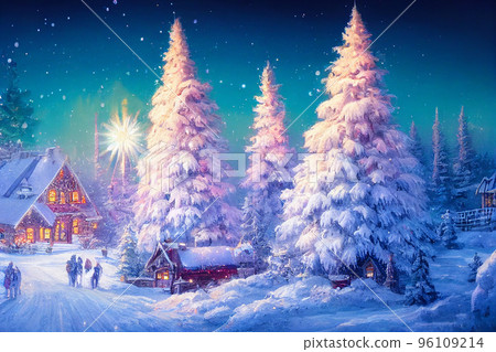 Beautiful winter house and christmas tree on the mountain Beautiful winter house and christmas tree on the mountain 96109214