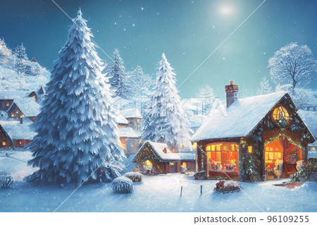 Beautiful winter house and christmas tree on the mountain 96109255