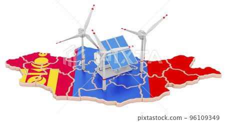 Renewable energy and sustainable development in Mongolia, concept. 3D rendering Renewable energy and sustainable development in Mongolia, concept. 3D rendering 96109349