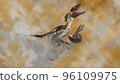 Deinonychus dinosaur roaring in the fog - 3D render 96109975