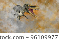 Alioramus dinosaur roaring in the fog - 3D render 96109977