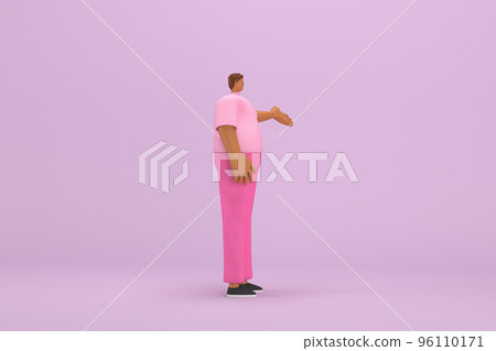 The black man with pink clothes.  He is expression  of body and hand when talking. 3d illustration of cartoon character in acting. 96110171