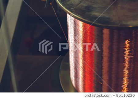 Copper wire reels in cable factory close up 96110220