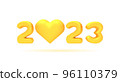 Happy new year 2023, 3d vector golden number. Realistic shiny figures and heart render.  Illustration for greeting card, banner, cover.  96110379