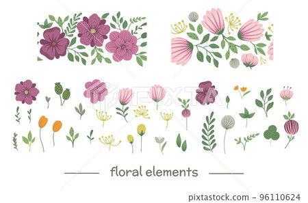 Vector floral clip art set with seamless border brushes. Flat trendy illustration with flowers, leaves, branches. Meadow, woodland, forest elements isolated on white background. 96110624