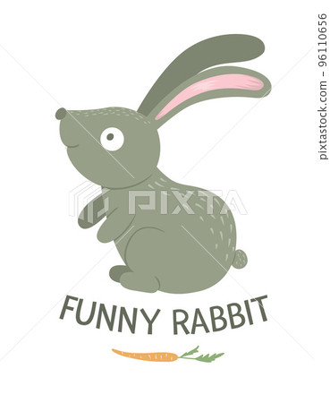 Vector cartoon style flat funny rabbit with carrot isolated on white background. Cute illustration of woodland animal. Sitting hare icon for childrens design. Vector cartoon style flat funny rabbit with carrot isolated on white background. Cute illustration of woodland animal. Sitting hare icon for childrens design. 96110656
