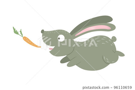 Vector cartoon style flat funny rabbit with carrot isolated on white background. Cute illustration of woodland animal. Running hare icon for children design. Vector cartoon style flat funny rabbit with carrot isolated on white background. Cute illustration of woodland animal. Running hare icon for children design. 96110659