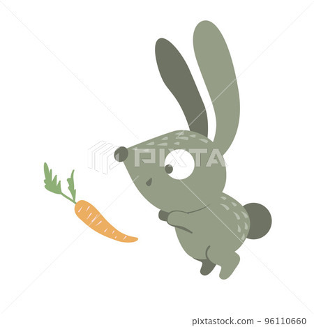 Vector cartoon style flat funny baby rabbit with carrot isolated on white background. Cute illustration of woodland animal. Little hare icon for children design. Vector cartoon style flat funny baby rabbit with carrot isolated on white background. Cute illustration of woodland animal. Little hare icon for children design. 96110660