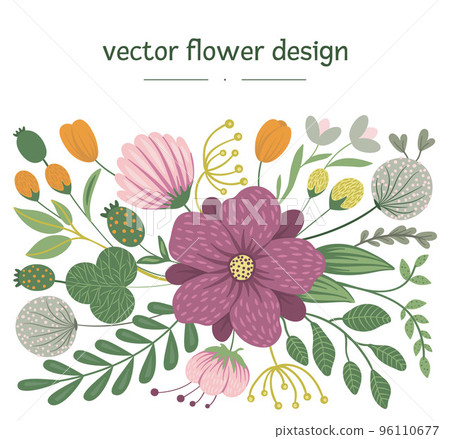 Vector floral background. Flat trendy illustration with flowers, leaves, branches. Meadow, woodland, forest clip art. Flat trendy design Vector floral background. Flat trendy illustration with flowers, leaves, branches. Meadow, woodland, forest clip art. Flat trendy design 96110677