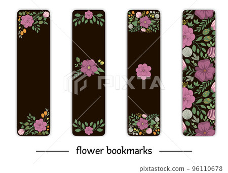 Vector bookmark templates with floral elements. Flat trendy illustration with flowers, leaves, branches. Meadow, woodland, forest clip art. Flat trendy background for stationery design on black Vector bookmark templates with floral elements. Flat trendy illustration with flowers, leaves, branches. Meadow, woodland, forest clip art. Flat trendy background for stationery design on black 96110678