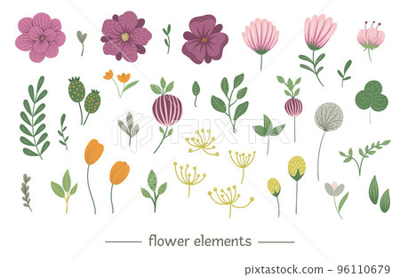 Vector floral clip art set. Flat trendy illustration with flowers, leaves, branches. Meadow, woodland, forest elements isolated on white background. 96110679