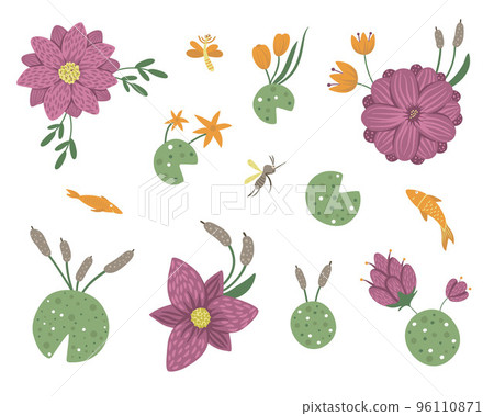 Vector set of cartoon style flat funny waterlily, dragonfly, mosquito, reed, clip art. Cute illustration with woodland swamp theme for children design. Vector set of cartoon style flat funny waterlily, dragonfly, mosquito, reed, clip art. Cute illustration with woodland swamp theme for children design. 96110871