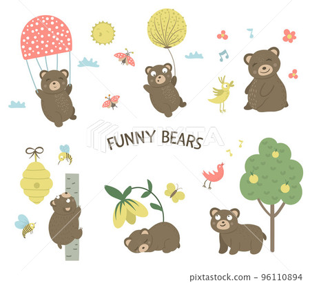 Vector set of cartoon style hand drawn flat bears in different poses. Collection of funny scenes with Teddy. Cute illustration of woodland animals for children design. 96110894