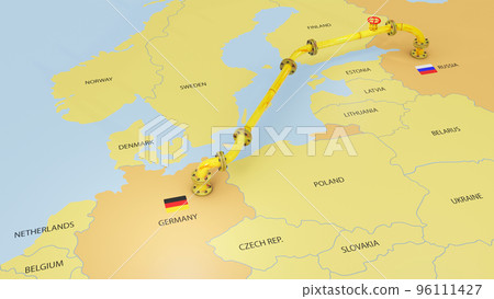 3D Render of Nord Stream 2 gas pipeline emerging on map of Europe connecting Russia and Germany through Baltic Sea 3D Render of Nord Stream 2 gas pipeline emerging on map of Europe connecting Russia and Germany through Baltic Sea 96111427