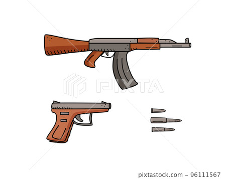 Automatic and gun with bullets and shells, firearms icon vector. Military weapons isolate on white. Automatic and gun with bullets and shells, firearms icon vector. Military weapons isolate on white. 96111567
