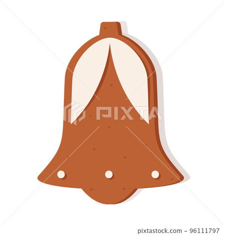 Christmas gingerbread in the form of a bell. Delicious New Year's dessert, festive curly cookies with icing 96111797