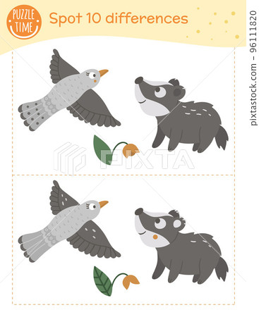 Find differences game for children. Preschool activity with flying bird and baby badger. Puzzle with animals. Cute funny smiling characters. 96111820