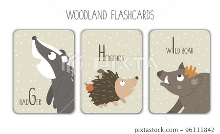 Colorful alphabet letters G, H, I. Phonics flashcard. Cute woodland themed ABC cards for teaching reading with funny badger, hedgehog, wild boar. 96111842