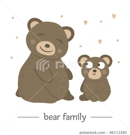 Vector hand drawn flat baby bear with parent. Funny woodland animal scene showing family love. Cute forest animalistic illustration for children design, print, stationery Vector hand drawn flat baby bear with parent. Funny woodland animal scene showing family love. Cute forest animalistic illustration for children design, print, stationery 96111895