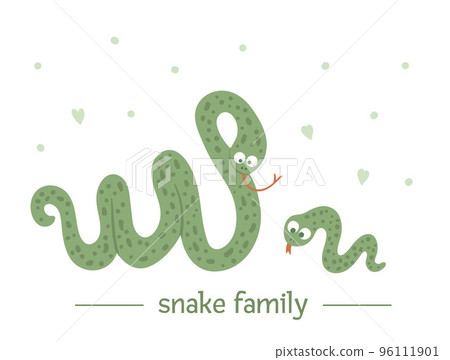 Vector hand drawn flat baby snake with parent. Funny woodland animal scene showing family love. Cute forest animalistic illustration for children design, print, stationery Vector hand drawn flat baby snake with parent. Funny woodland animal scene showing family love. Cute forest animalistic illustration for children design, print, stationery 96111901
