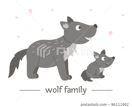 Vector hand drawn flat baby wolf with parent. Funny woodland animal scene showing family love. Cute forest animalistic illustration for children design, print, stationery Vector hand drawn flat baby wolf with parent. Funny woodland animal scene showing family love. Cute forest animalistic illustration for children design, print, stationery 96111902