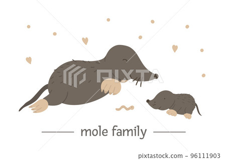 Vector hand drawn flat baby mole with parent. Funny woodland animal scene showing family love. Cute forest animalistic illustration for children design, print, stationery Vector hand drawn flat baby mole with parent. Funny woodland animal scene showing family love. Cute forest animalistic illustration for children design, print, stationery 96111903