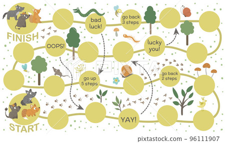 Forest adventure board game for children. Educational woodland boardgame. Puzzle with animals, birds, trees, insects. Help baby fox, wolf and boar get to their parents. Forest adventure board game for children. Educational woodland boardgame. Puzzle with animals, birds, trees, insects. Help baby fox, wolf and boar get to their parents. 96111907