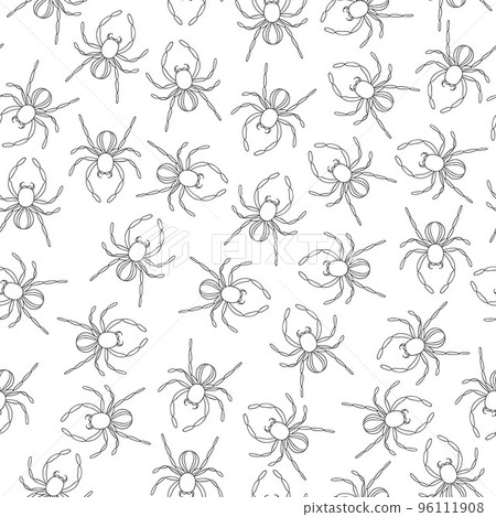 Vector seamless pattern of black and white insects. Repeat background with isolated monochrome spider. Good for clothes for teenagers, stationery, wallpaper and gift paper. Cartoon style. 96111908