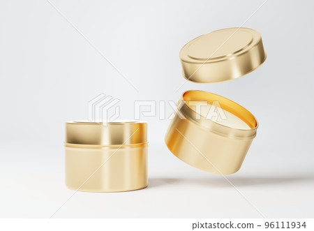 Container gold candle tin box mock-up on gray background 3D render Container gold candle tin box mock-up on gray background 3D render 96111934