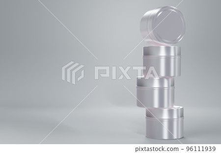 Stack of silver container candle tin box mock-up on beige background 3D render, travel candle can template for branding 96111939